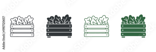 Wooden crate with vegetables line and solid icon set, farm fresh produce storage delivery icons, organic food and healthy grocery concept vector illustration.