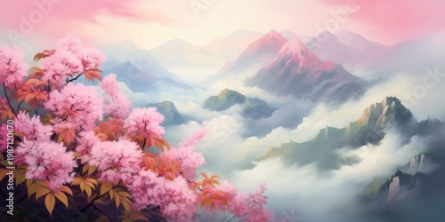 watercolor illustration of mountain landscape with blooming trees
