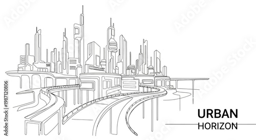 Minimalist continuous line drawing of a modern city skyline and highway.