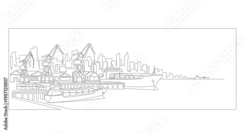 Continuous line drawing of a bustling industrial seaport harbor with container ships.