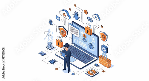 Cybersecurity concept with hacker and laptop showing viruses and locks.