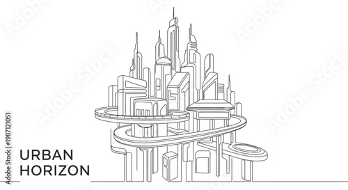 Continuous single line drawing of modern urban city skyline.