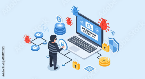 Cybersecurity hacker attacking computer network with virus and malware.