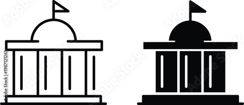 Government building icon set with dome and flag, minimalist capitol architecture symbols, black line and solid silhouette vector illustrations