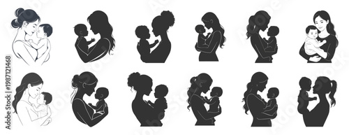 Mothers holding babies expressing love and tenderness Mothers day elements.