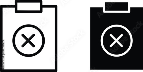 Minimalist clipboard icons with cross mark, rejected document vector symbols, black and white survey failure signs for business interface design