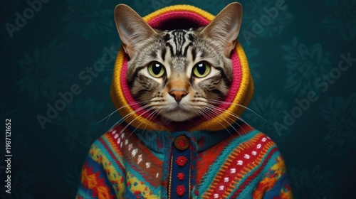 funny cat in colorful ugly sweater
