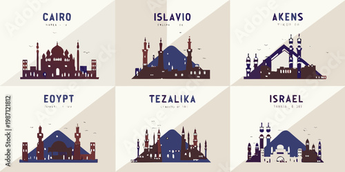 Architectural silhouettes of famous mosques from egypt israel and turkey
