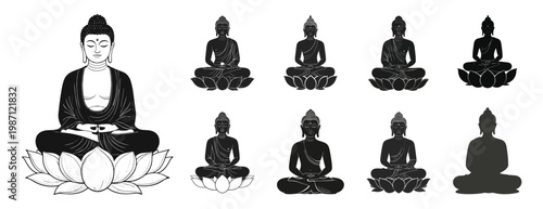 Buddha meditating in lotus pose spiritual icon set silhouette elements.