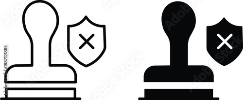 Rejected stamp icon with shield and cross mark, declined approval rubber stamp vector, denied verification and security failure symbols