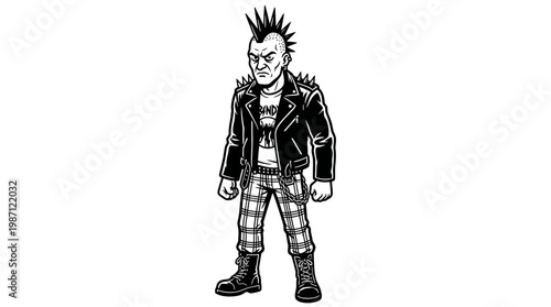 Grumpy Punk Rocker Character with Mohawk and Leather Jacket.