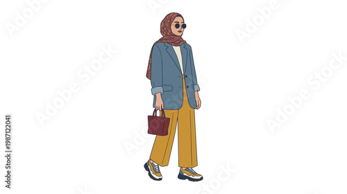 Stylish Muslim woman wearing hijab and modern casual outfit walking.