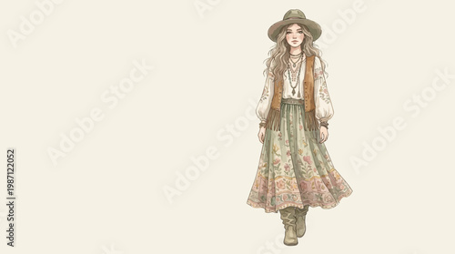 Boho chic fashion illustration of a stylish woman wearing a floral maxi skirt and felt hat.
