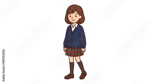 Illustration of a young schoolgirl wearing a blue cardigan and plaid skirt.