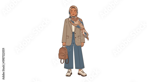 Fashionable young woman wearing hijab and casual modern business attire.