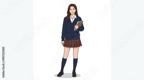 Illustration of a teenage student girl wearing a school uniform and holding a book.