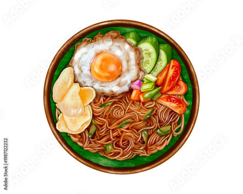 Cuadro en lienzo A top-down view of a delicious plate of Mie Goreng featuring an egg and vegetabl