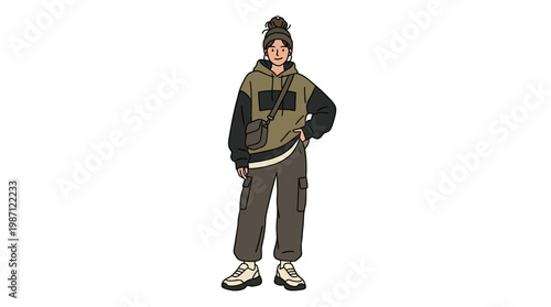 Full body illustration of a stylish young woman in urban streetwear clothing.