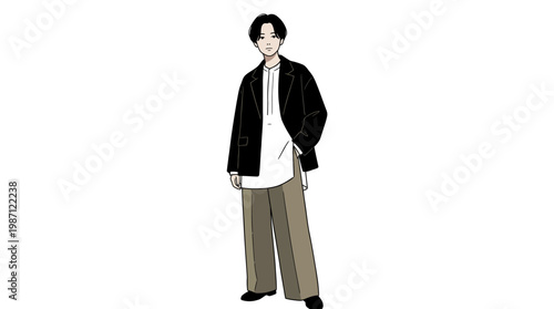 Illustration of a stylish young man wearing a modern blazer and wide pants.