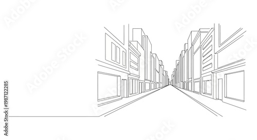 Continuous line drawing of a city street perspective.