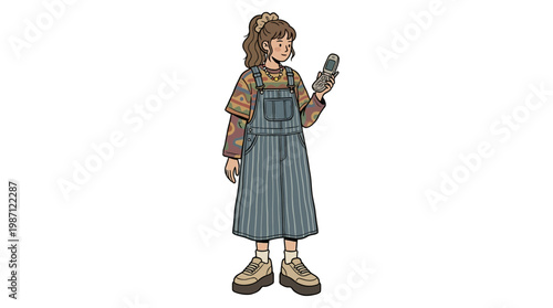 Anime style illustration of a girl holding a retro flip phone.