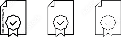 Minimalist certificate line icons with checkmark seal, professional document verification symbols, set of 3 black and grey vector outline icons