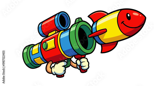 Cartoon rocket launcher character with a smiling missile flying out.
