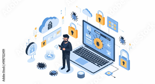 Cybersecurity expert analyzing digital threats and data protection on laptop.