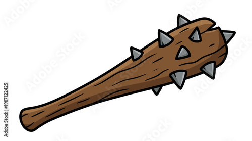 Cartoon Illustration of a Medieval Spiked Wooden Club Weapon.