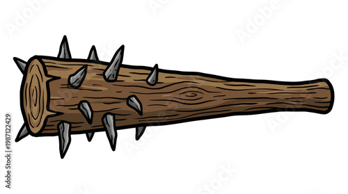 Cartoon Illustration of a Spiked Wooden Club Weapon.