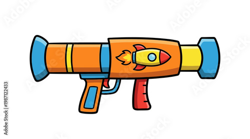 Cartoon illustration of a colorful toy space blaster gun.