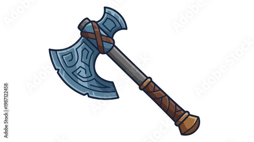 Fantasy battle axe with intricate blue patterns and leather handle.