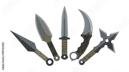 Collection of various ninja and martial arts weapons.