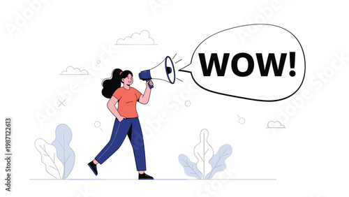 Confident woman striding forward, holding a megaphone and excitedly exclaiming "WOW!" in a large speech bubble, symbolizing a surprising announcement or marketing impact.