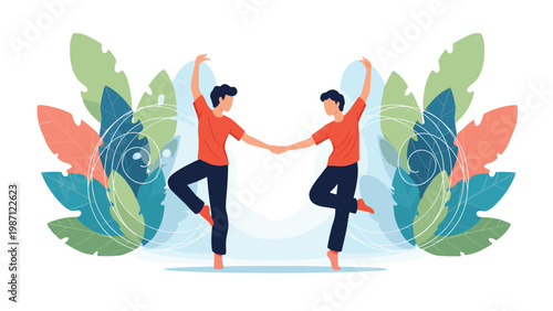 Two male dancers holding hands, posing gracefully in a synchronized movement, set against an elegant background of abstract leaves and swirling lines.