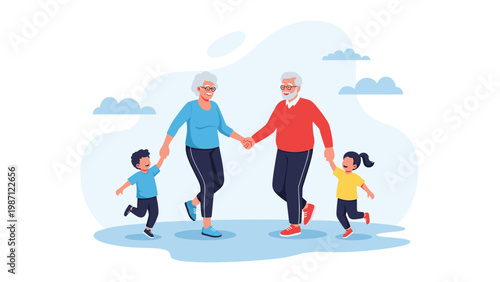 Joyful elderly couple holding hands and happily walking with their two small grandchildren, creating a heartwarming scene of multi-generational family bonding.