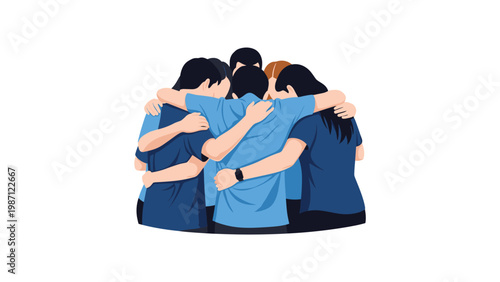 Diverse group of people huddling closely together with arms around each other's shoulders, viewed from behind, symbolizing strong teamwork, unity, and mutual support.