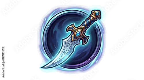Fantasy magical ornate dagger with glowing blue blade and gold hilt.