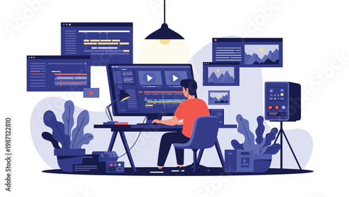 Creative professional focused on video editing at a multi-monitor workstation, surrounded by digital media production tools and artistic displays in a modern studio environment.