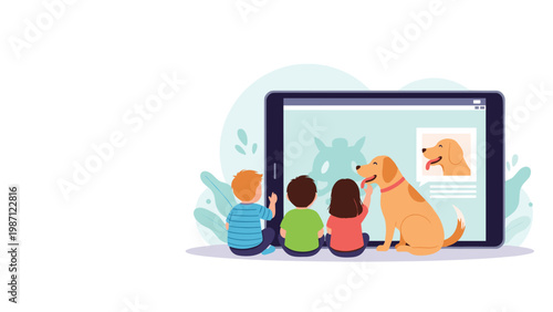 Group of young children and a friendly dog attentively watching content on a large digital tablet screen, depicting pet-friendly digital learning or entertainment.