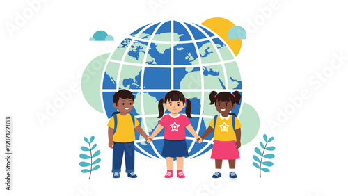 Diverse group of three happy children holding hands in unity, standing in front of a large globe, representing global friendship, education, and peace.