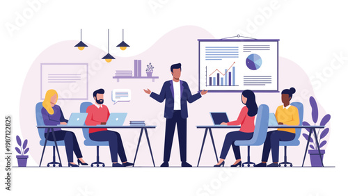 Dynamic business meeting in an office setting, where a male presenter engages with diverse colleagues, showcasing charts and graphs on a projection screen.