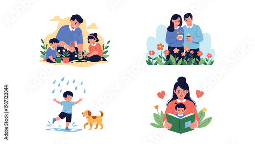Collection of heartwarming family moments featuring parents gardening with kids, a couple sharing coffee, a child playing with a dog, and a mother reading to her child.