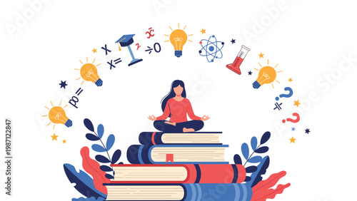Woman meditating peacefully on a stack of books, surrounded by a halo of glowing lightbulbs and educational symbols, representing knowledge, wisdom, and intellectual growth.