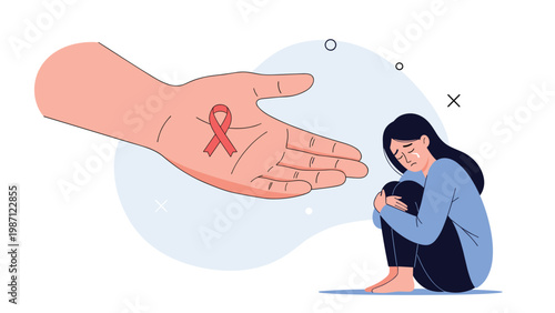 Compassionate hand extending a red ribbon to a distressed woman, symbolizing support, awareness, and solidarity for people affected by serious health conditions or grief.