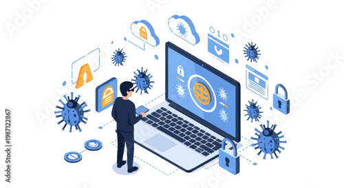 Cybersecurity concept with hacker and laptop showing fingerprint scanner.