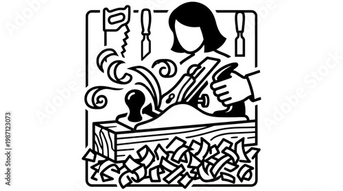 Woman Carpentry Crafts Wood with Planer