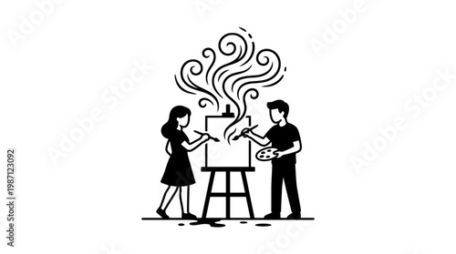 Artists Painting On Easel With Creative Expression