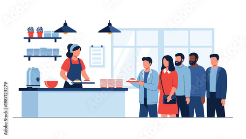 Diverse group of people patiently waiting in line for food at a busy cafeteria or buffet, symbolizing communal dining and food service.