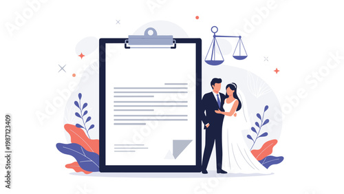 Elegant wedding couple standing beside a legal document and scales of justice, symbolizing marriage, legal unions, and matrimonial law.